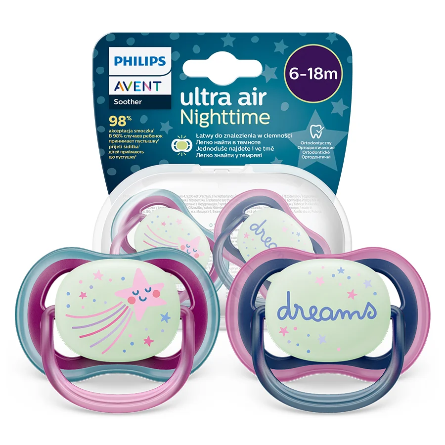 Philips Avent Ultra Air Nighttime, smoczek uspokajający 6-18m girl, SCF376/14, 2 szt.