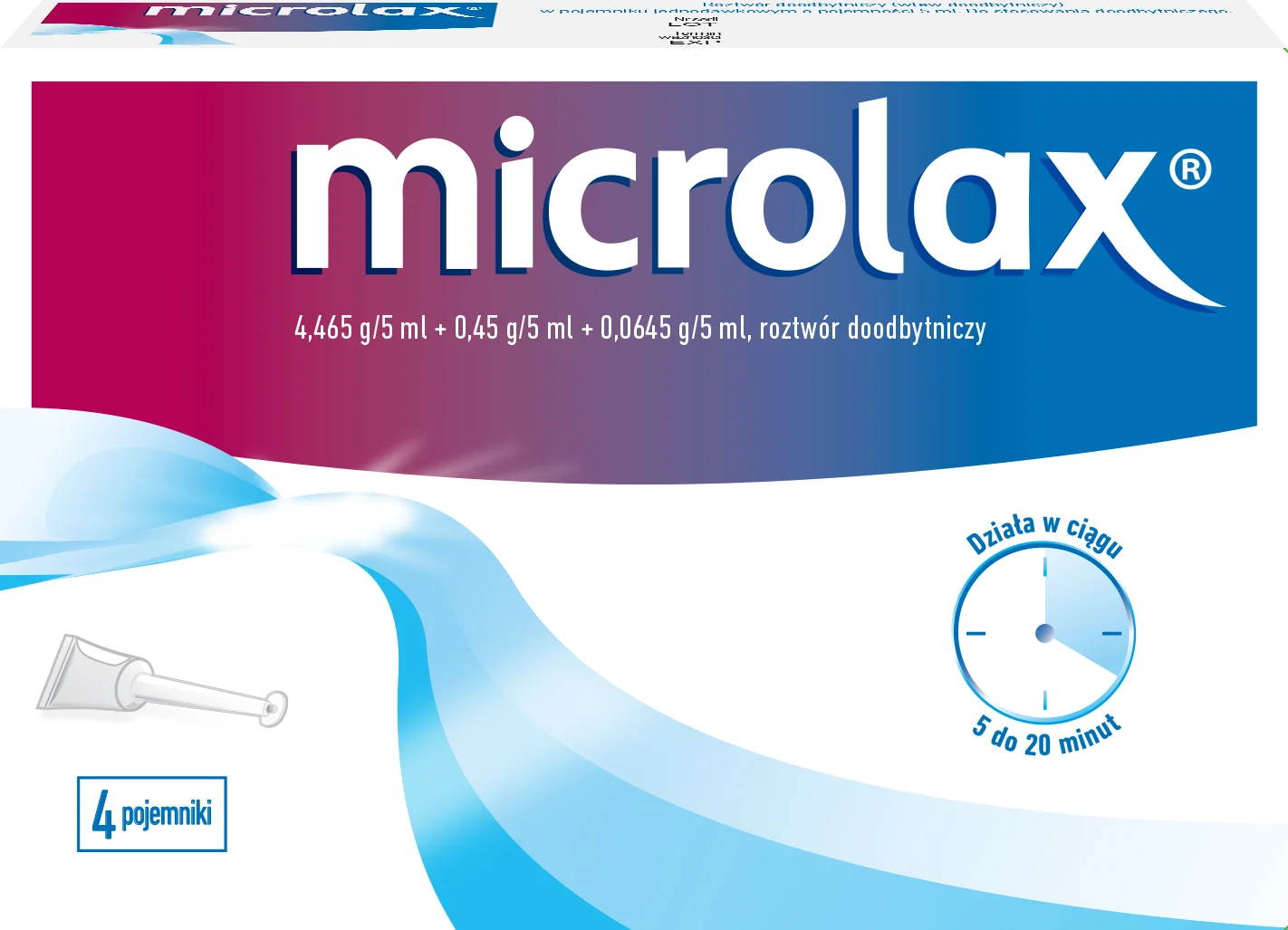 Microlax, 0,45 g + 0,0645 g + 4,465 g, roztwór doodbytniczy, 4 pojemniki po 5 ml