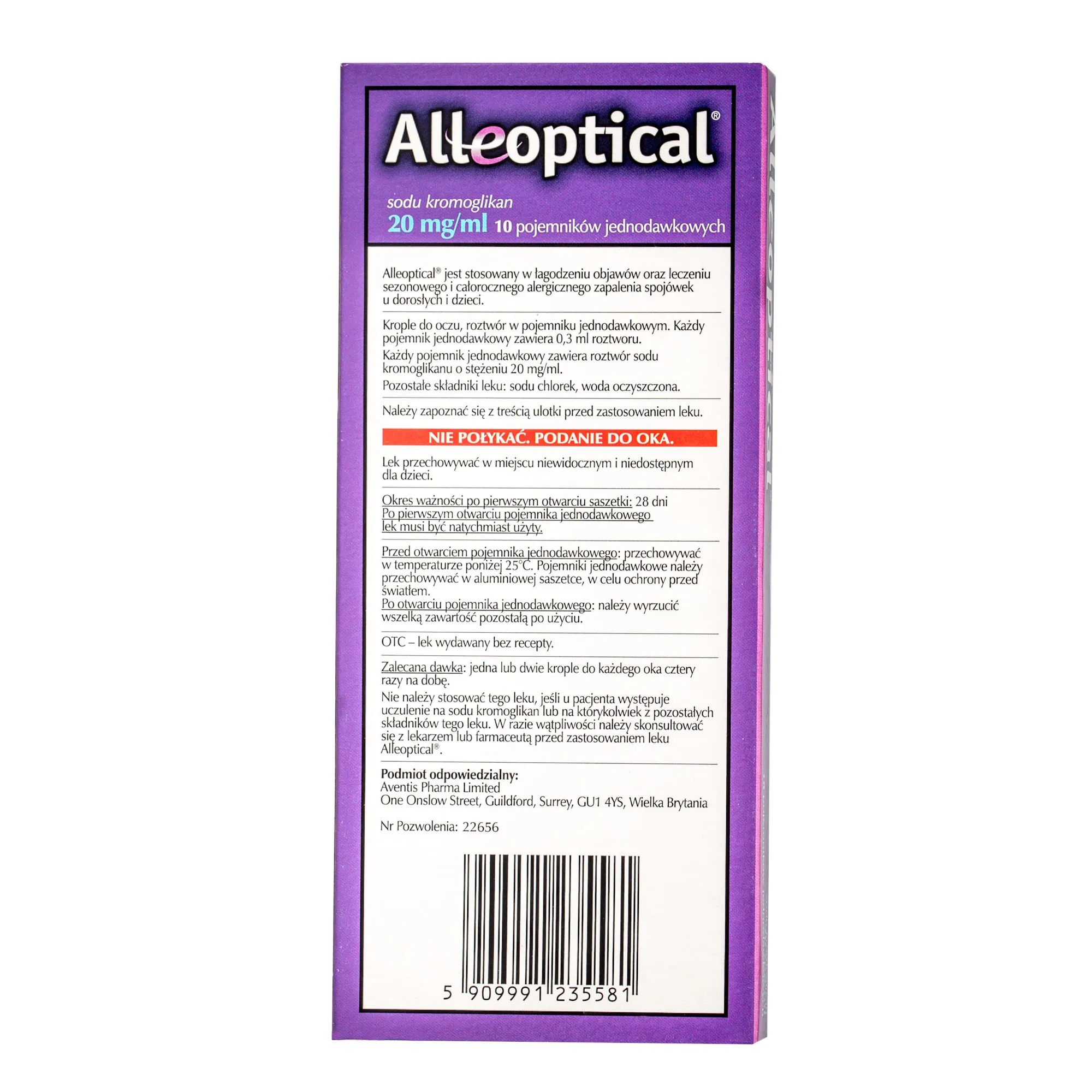 Alleoptical, 2 mg/ml, krople do oczu łagodzące objawy alergiii ocznych, 10 pojemników jednodawkowych 