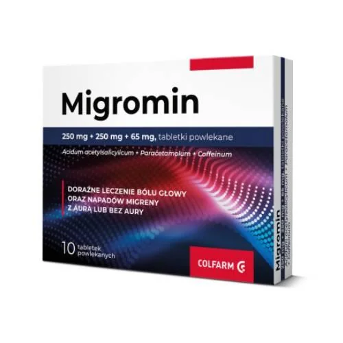 Migromin, 250 mg + 250 mg + 65 mg, 10 tabletek powlekanych