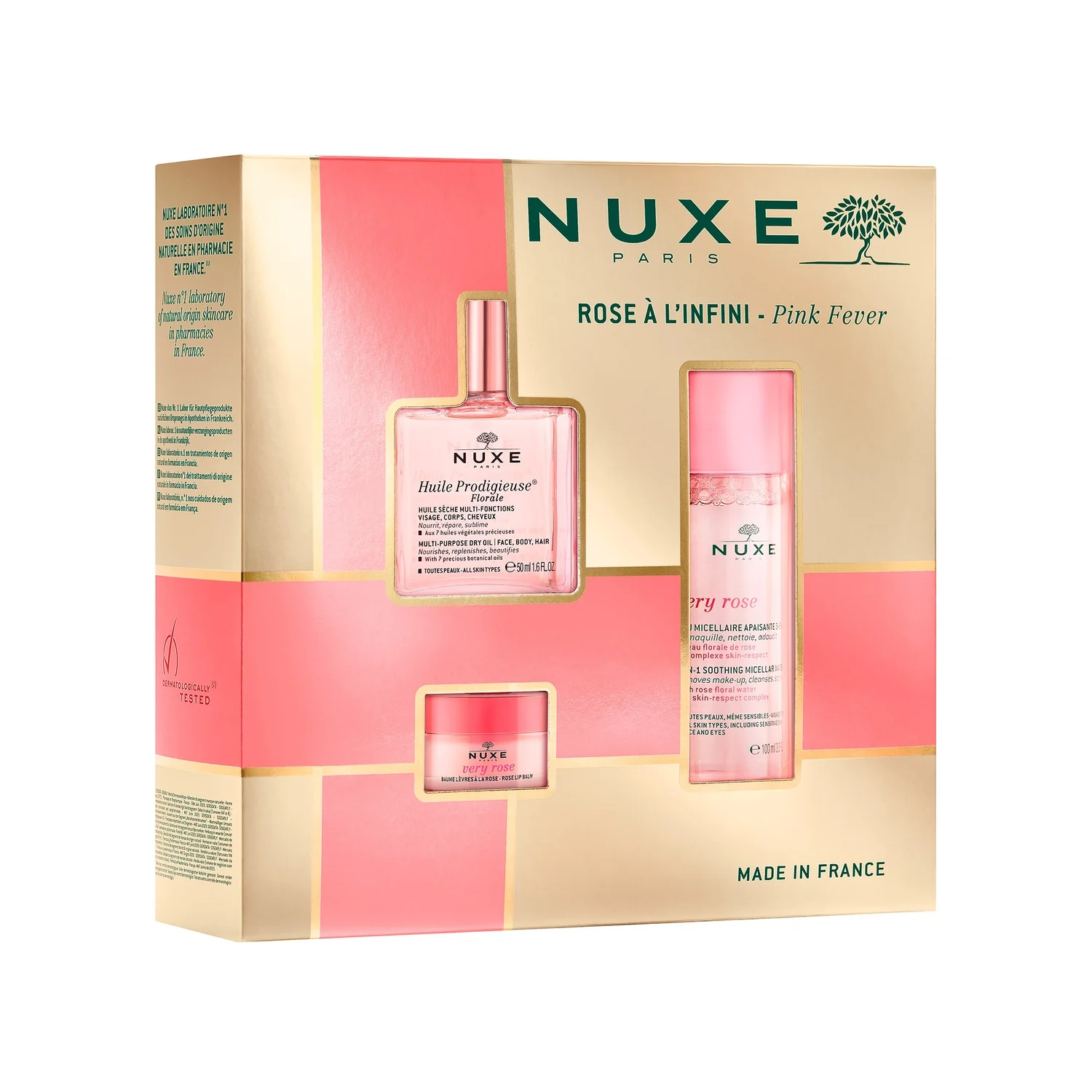 Nuxe Huile Prodigieuse Florale suchy olejek pielęgnacyjny o kwiatowym zapachu, 50 ml  + Very Rose łagodząca woda micelarna, 100 ml +  Very Rose różany balsam do ust, 15 g