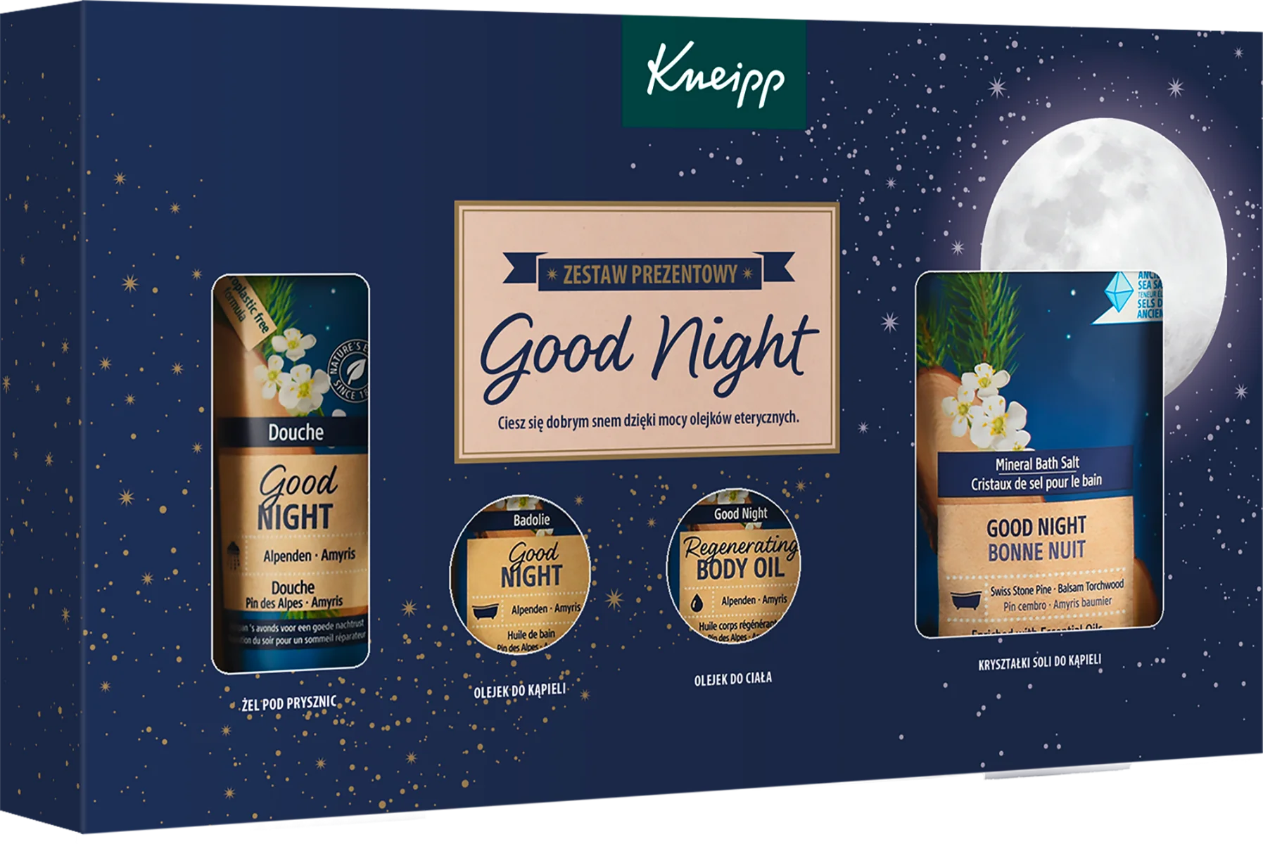 Kneipp Zestaw prezentowy Good Night Collection, żel pod prysznic, sól do kąpieli, olejek do ciała, olejek do kąpieli, 75 ml+ 20 ml + 20 ml+ 60g