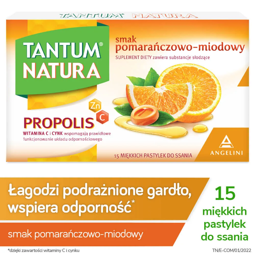 Tantum Natura, suplement diety, smak pomarańczowo-miodowy, 15 pastylek do ssania
