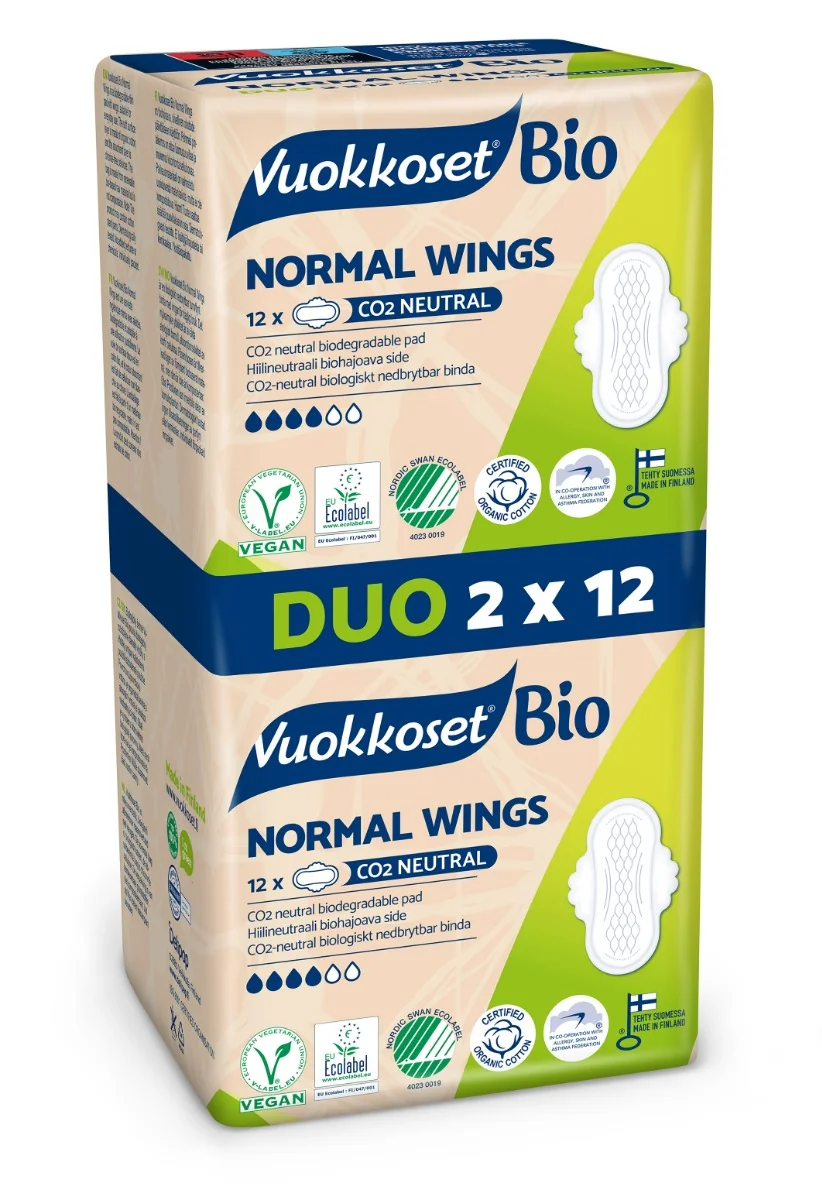 Vuokkoset Bio Normal Wings, ekologiczne podpaski ze skrzydełkami w dwupaku, 2x 12 szt.