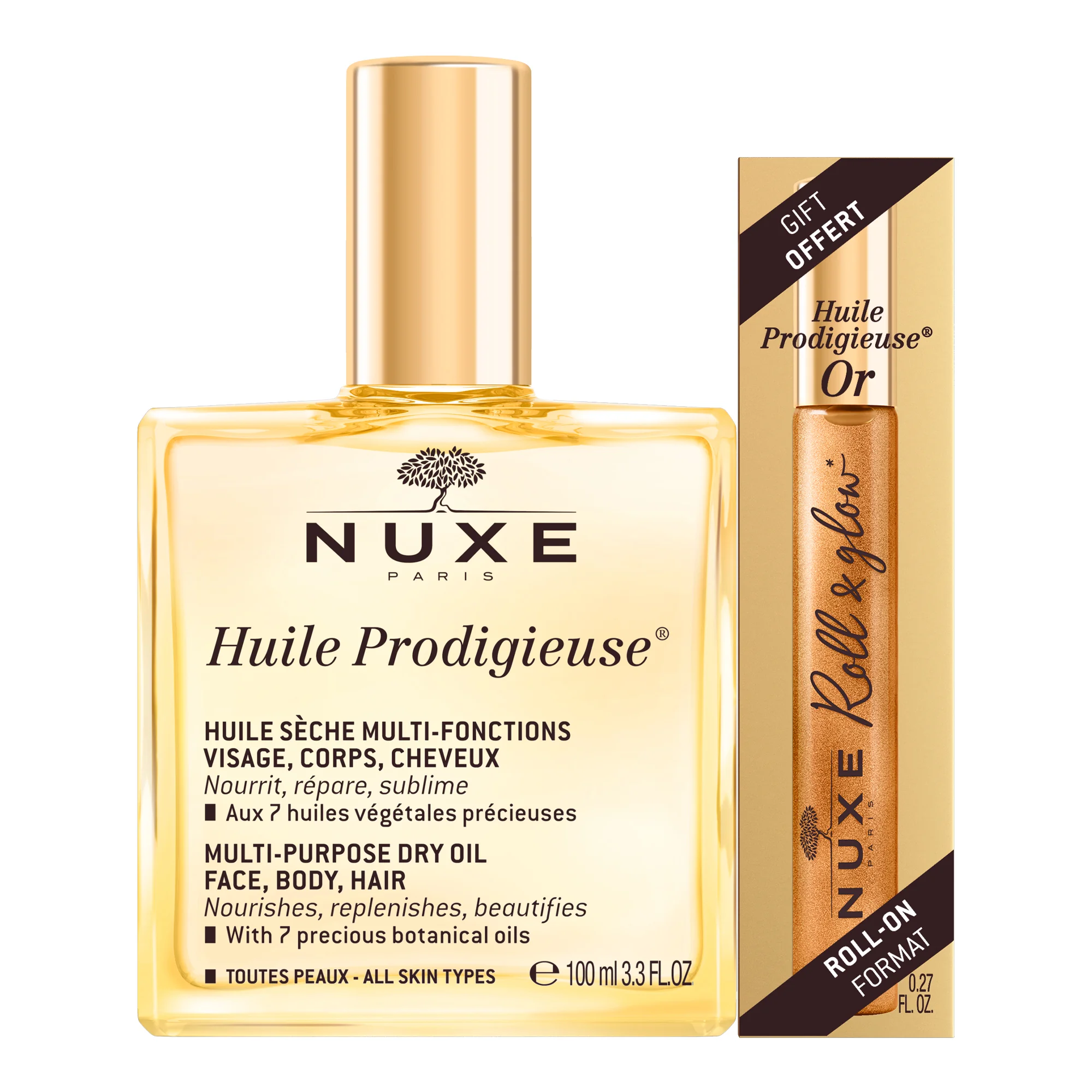 Nuxe Huile Prodigieuse, suchy olejek pielęgnacyjny, 100 ml + suchy olejek pielęgnacyjny ze złotymi drobinkami, 8 ml