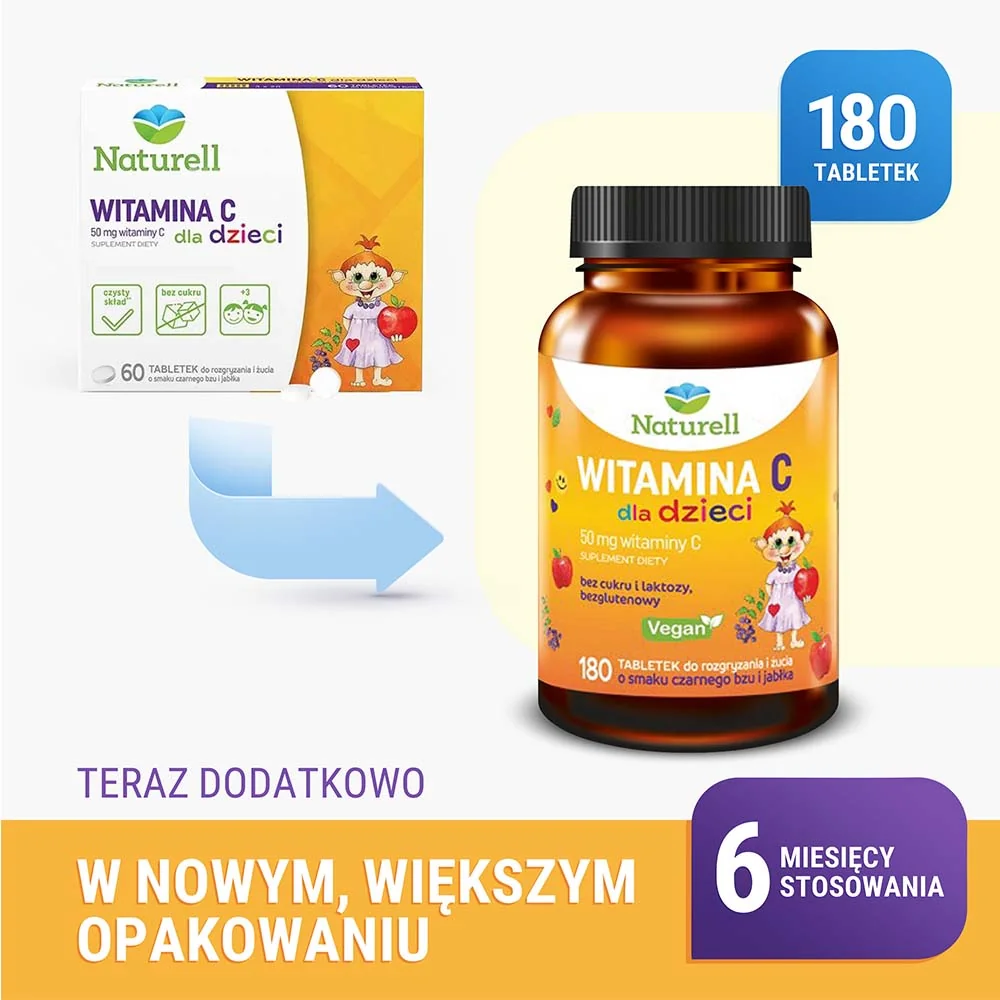 Naturell Witamina C dla dzieci, tabletki do rozgryzania i żucia, 180 sztuk