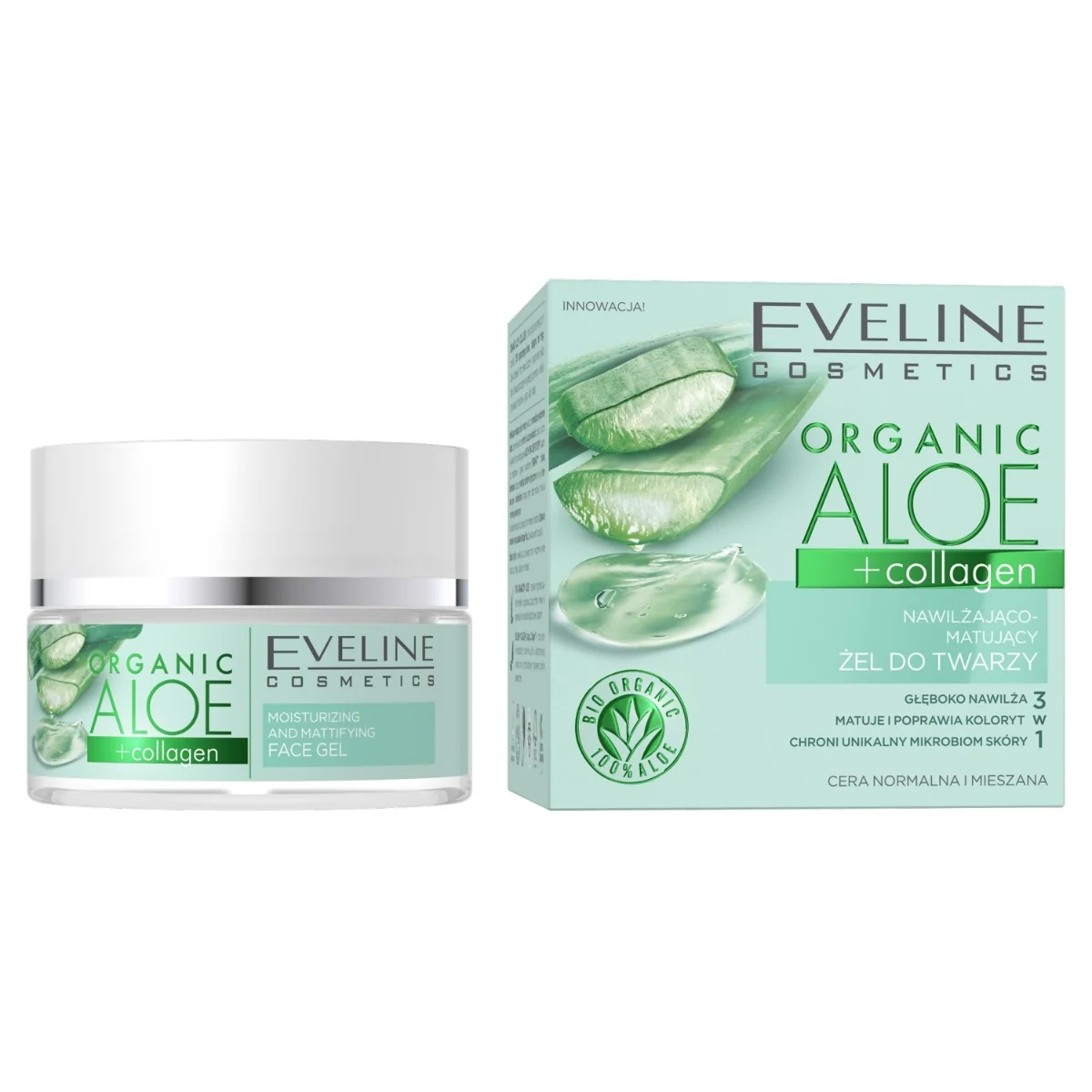 Eveline Cosmetics Organic Aloe + Collagen, nawilżająco-matujący żel do twarzy, 50 ml