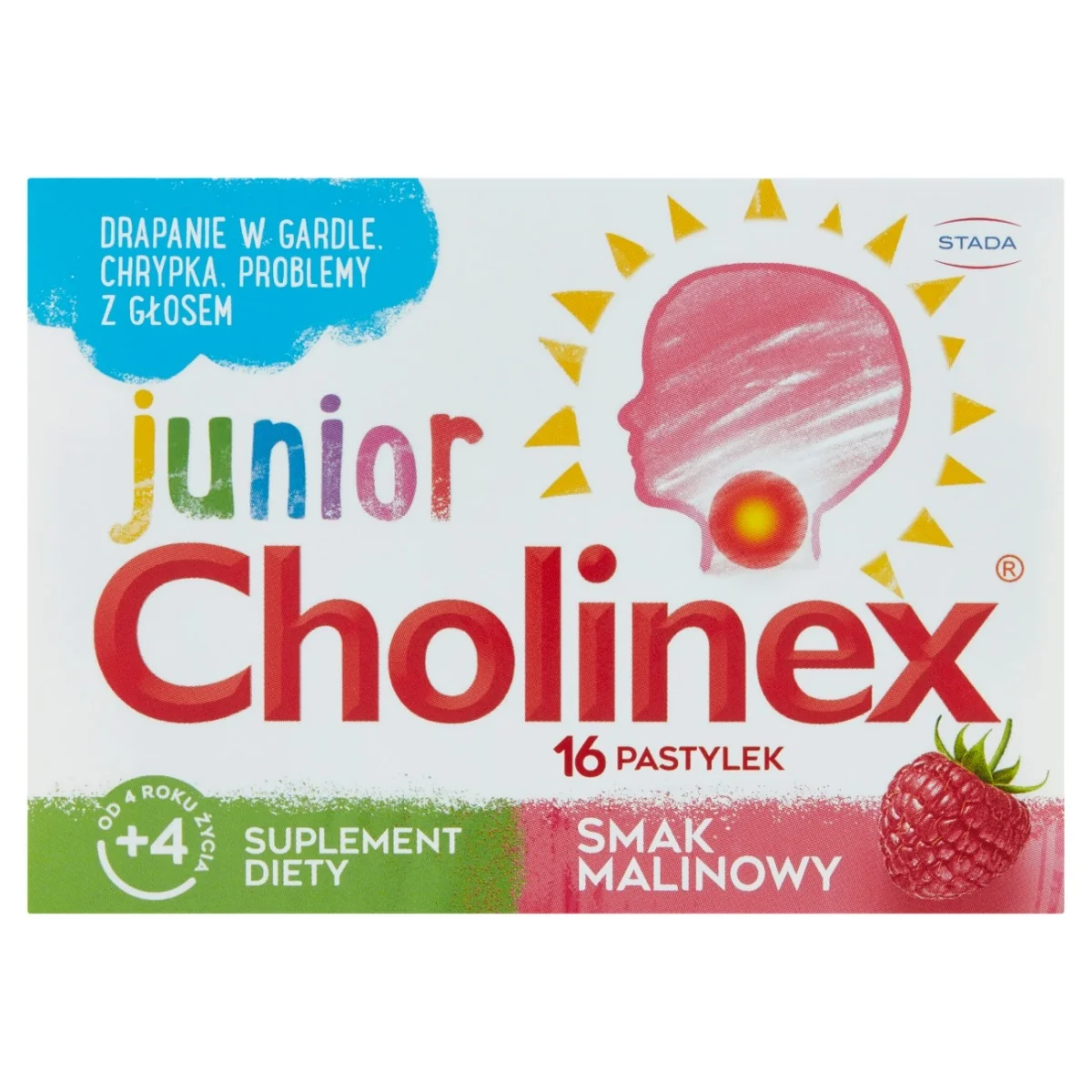 Cholinex Junior suplement diety od 4 roku życia, 16 pastylek do ssania, smak malinowy