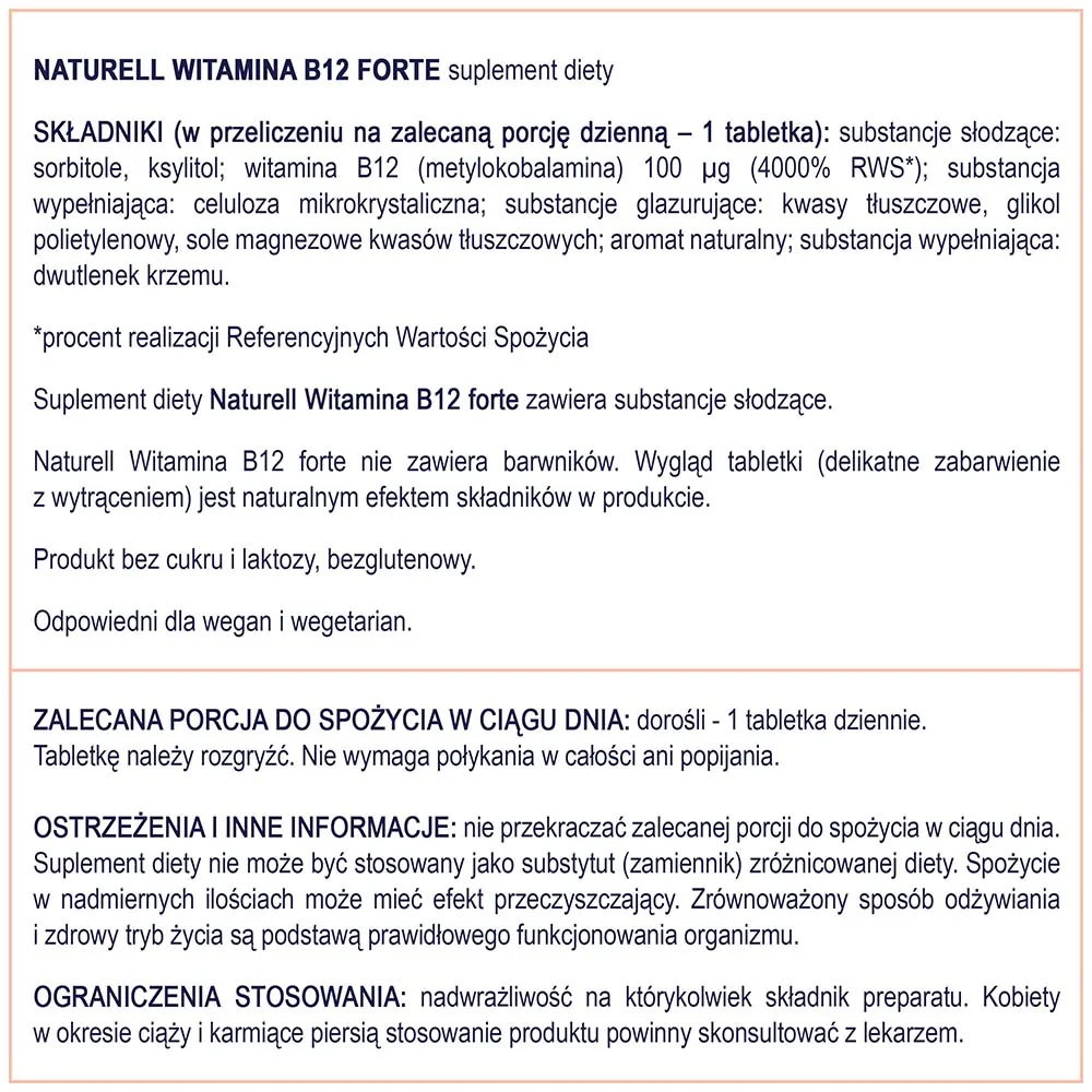 Naturell, Witamina B12 Forte, 120 tabletek do rozgryzania i żucia 