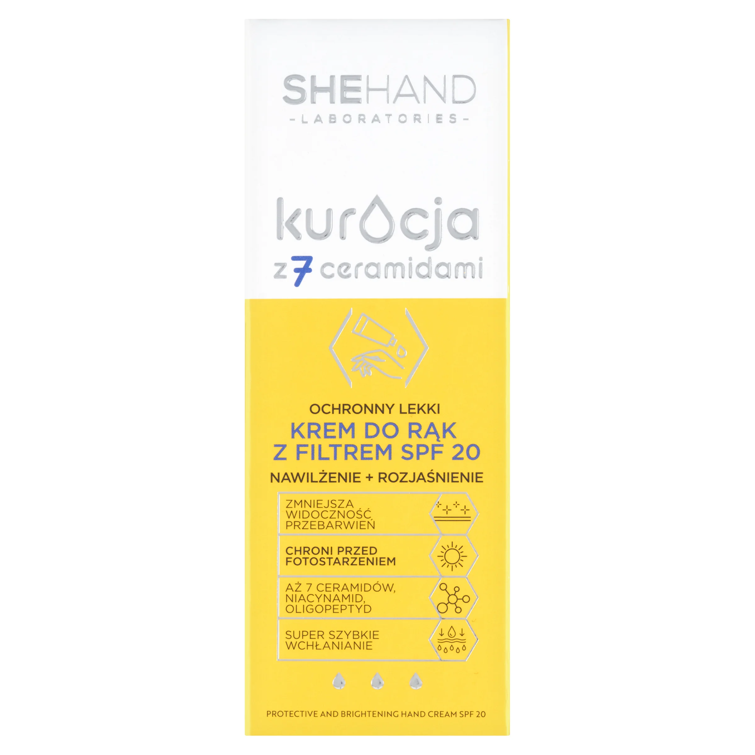 SheHand, ochronny lekki krem do rąk z filtrem nawilżenie + rozjaśnienie SPF20, 75 ml