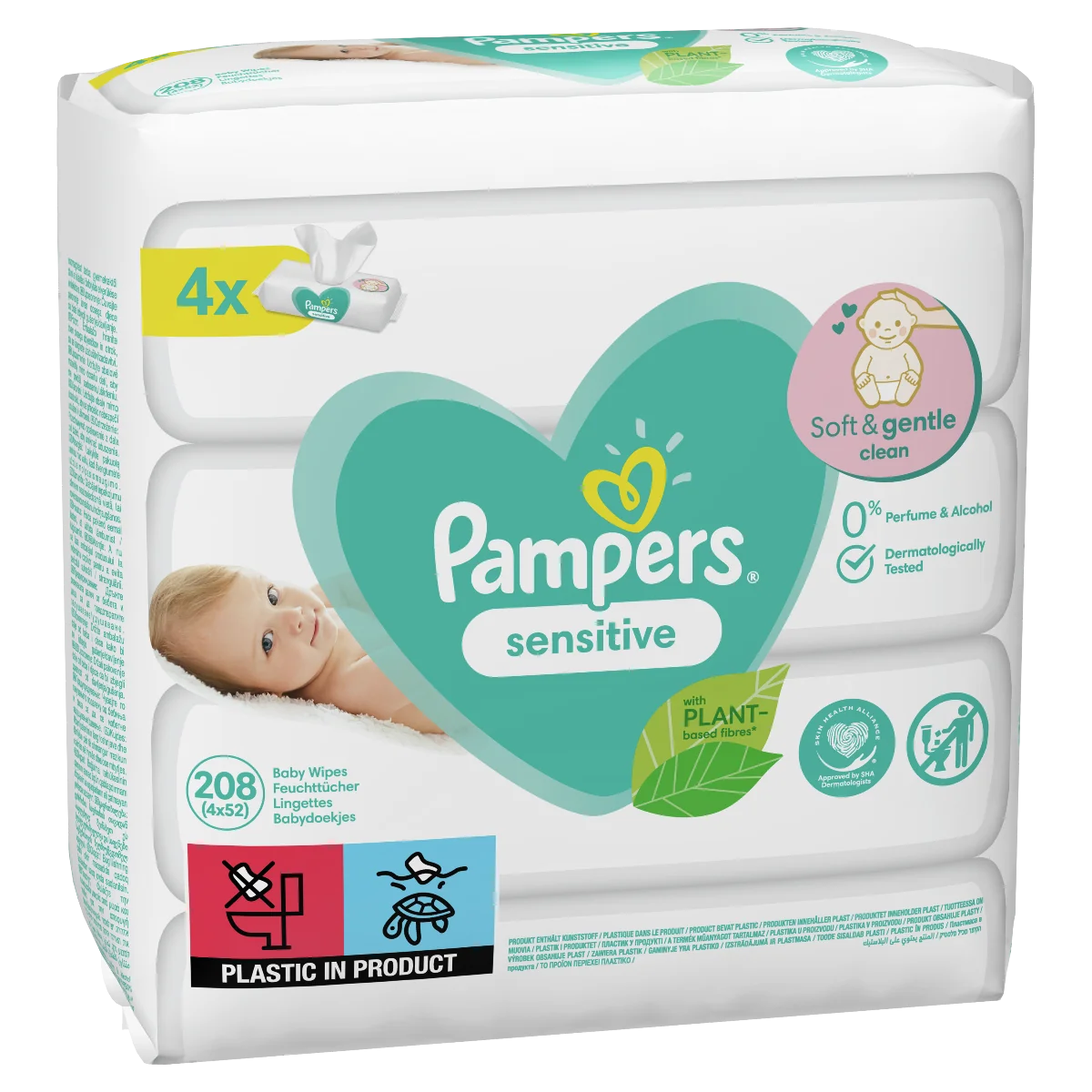 Pampers Sensitive, chusteczki nawilżane, 4x52 sztuki