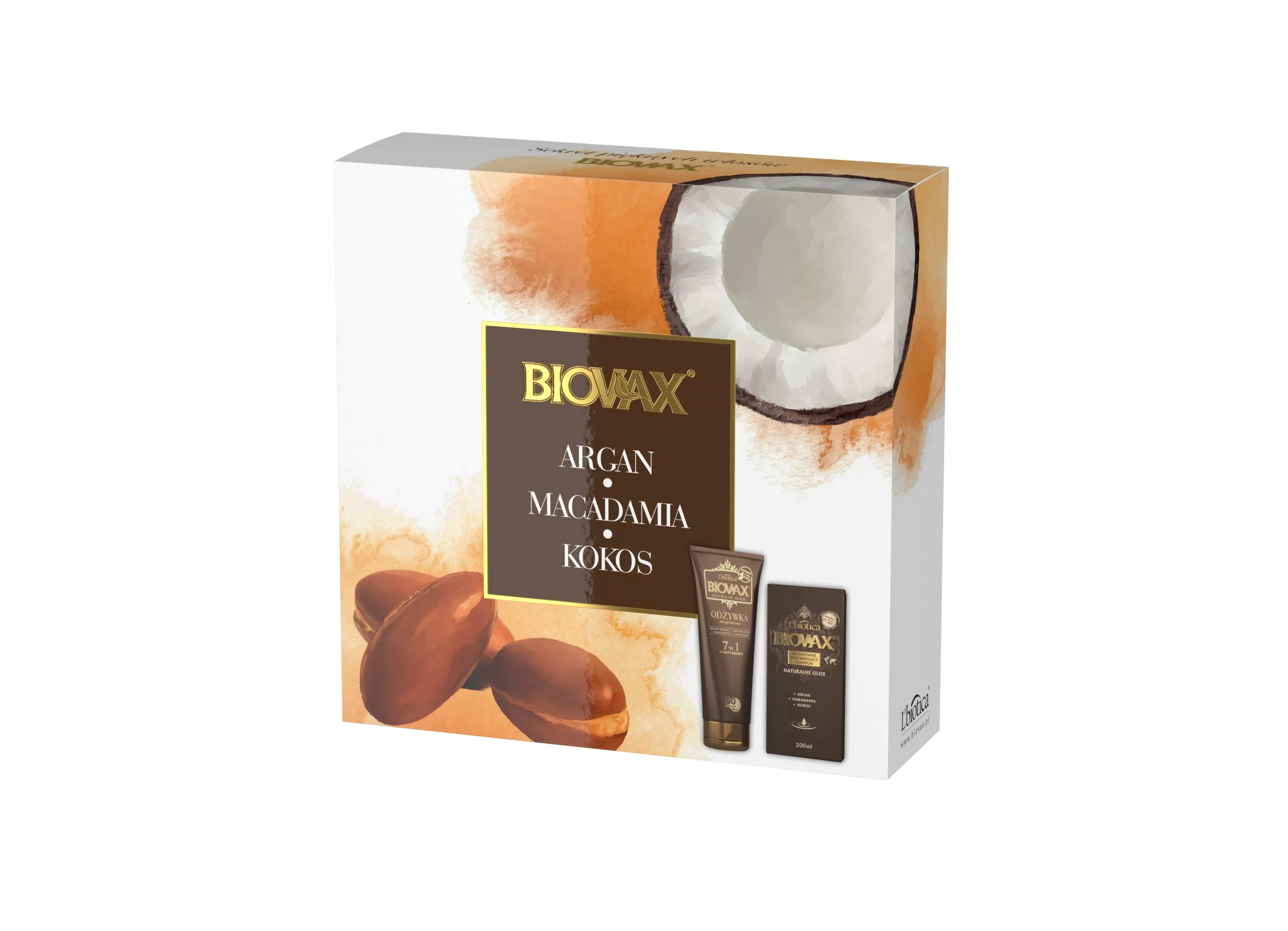 L'biotica Biovax, zestaw Argan Makadamia Kokos, szampon 200 ml, odżywka 7w1 200 ml, maska 20ml