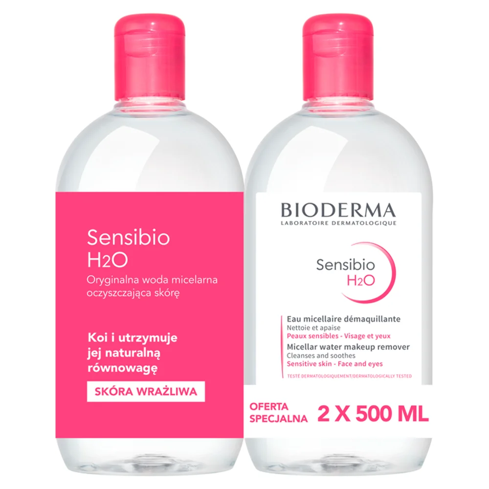 Bioderma Sensibio H2O Płyn micelarny do twarzy Skóra wrażliwa, 2x500 ml