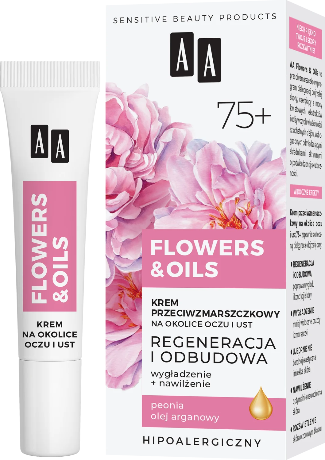 AA FLOWERS & OILS 75+ krem przeciwzmarszczkowy na okolice oczu i ust, 15 ml