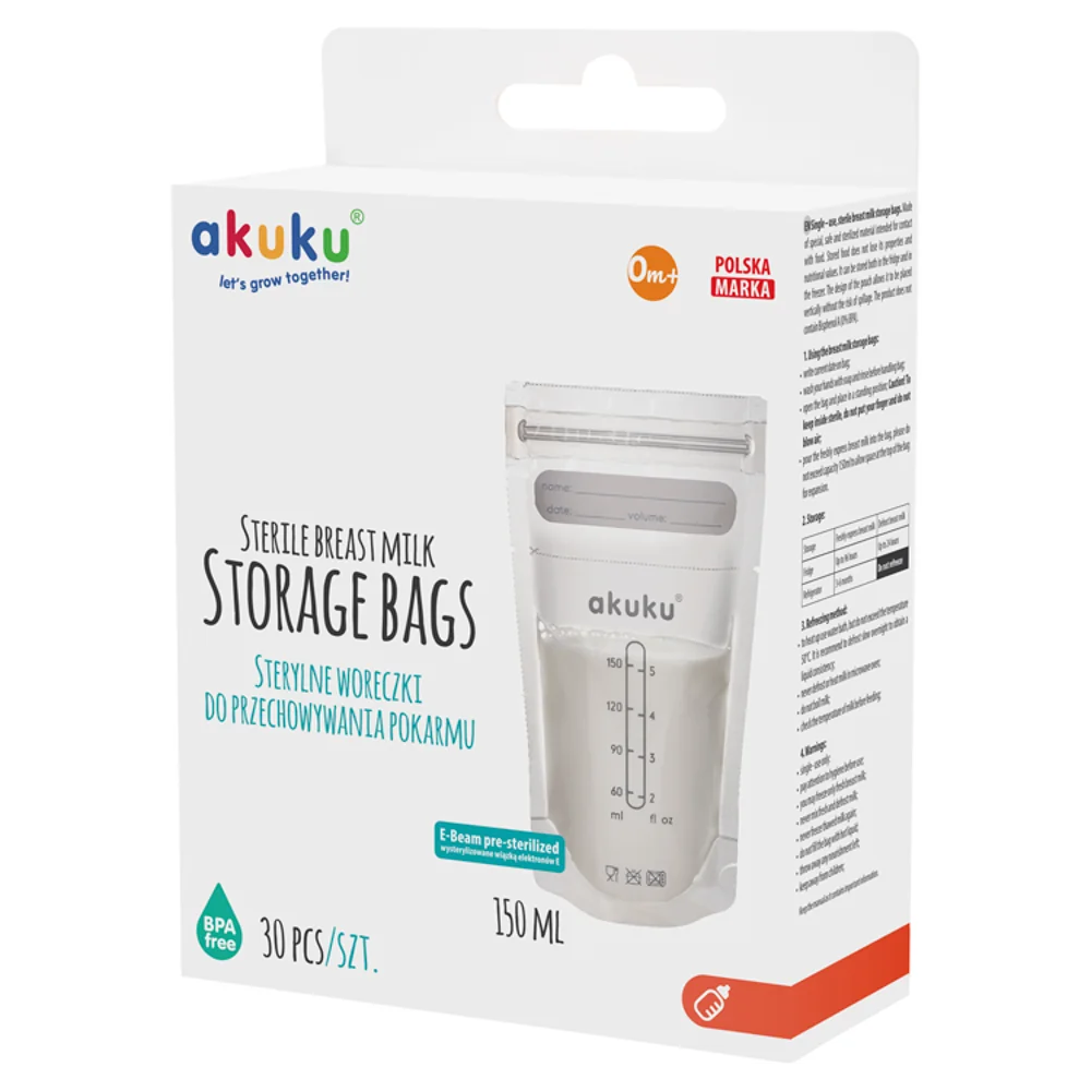 Akuku, sterylne woreczki do przechowywania pokarmu 150ml, 30 sztuk