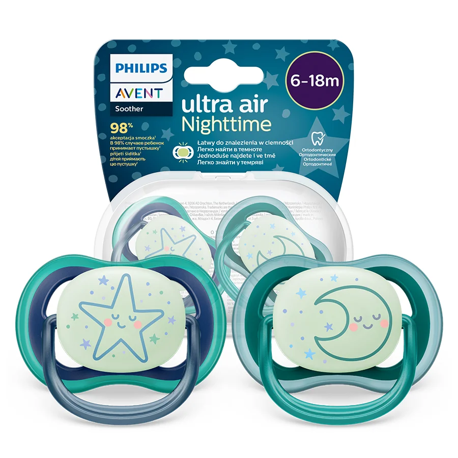 Philips Avent Ultra Air Nighttime, smoczek uspokajający 6-18m boy, SCF376/13, 2 szt.