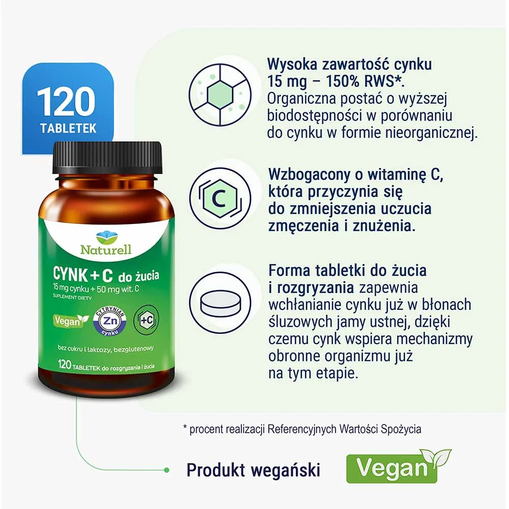 Naturell cynk organiczny + witamina C 120 tabletek do żucia