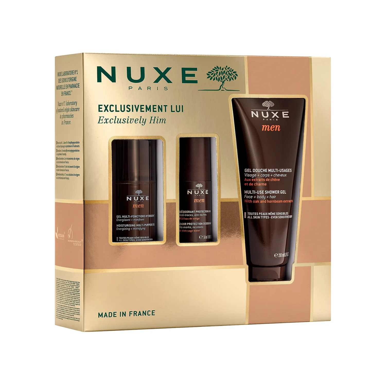 Nuxe Men wielofunkcyjny żel nawilżający do twarzy, 50 ml + dezodorant roll-on 24-godzinna ochrona, 50 ml + wielofunkcyjny żel pod prysznic, 200 ml