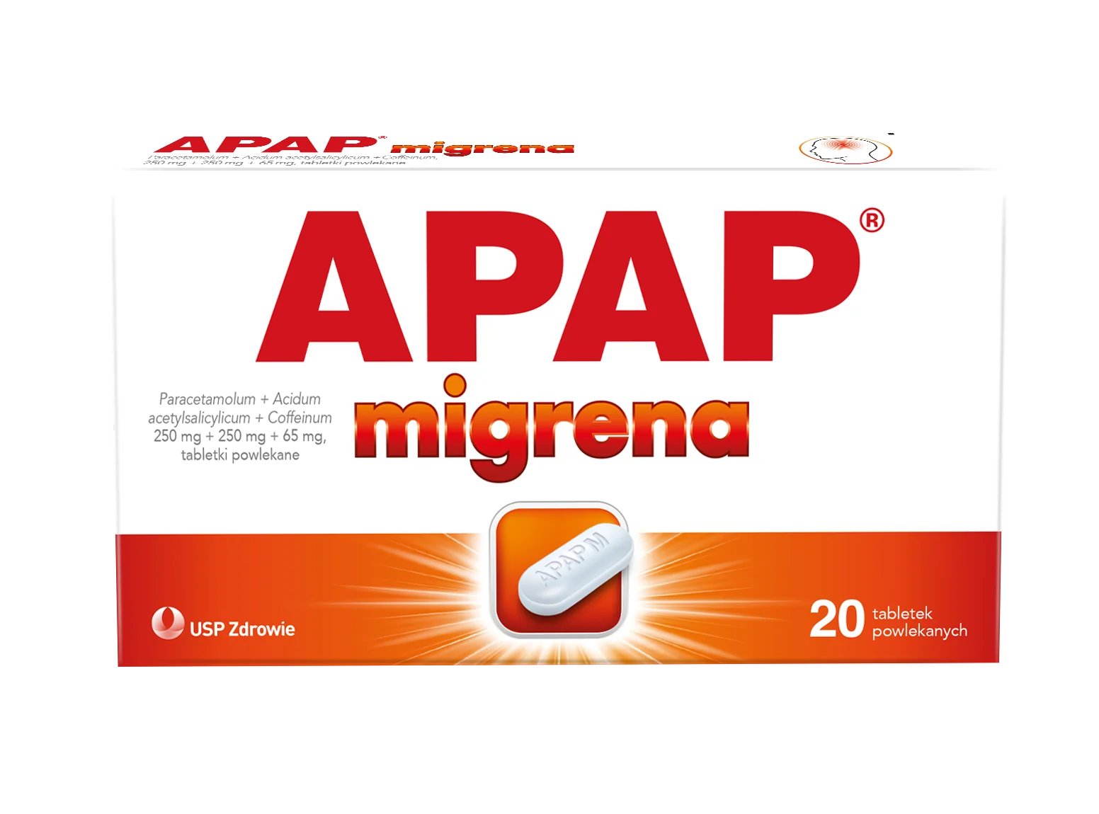 Apap migrena, 250 mg + 250 mg + 65 mg, 20 tabletek powlekanych