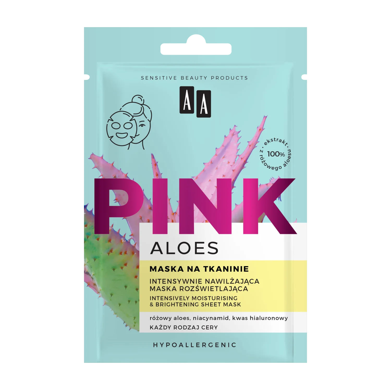 AA ALOES PINK Intensywnie nawilżająca maska rozświetlająca na tkaninie, 2x4ml