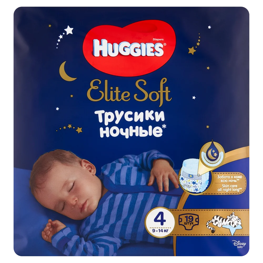 Huggies Elite Soft, pieluchomajtki na noc, rozmiar 4, 9-14 kg, 19 sztuk