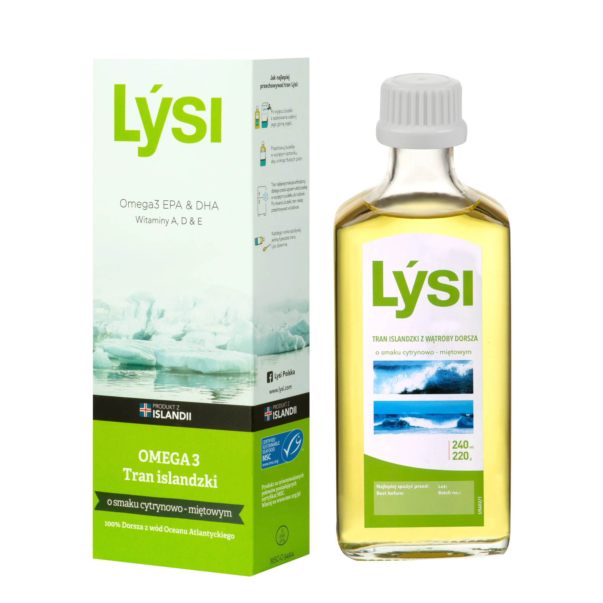 Lysi tran islandzki o smaku cytrynowo-miętowym, 240 ml