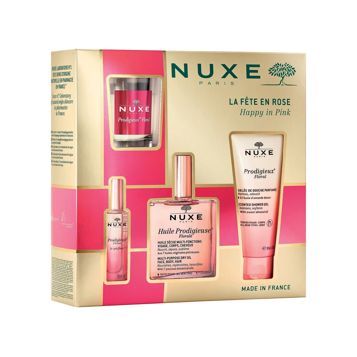 Nuxe Happy in Pink suchy olejek pielęgnacyjny Huile Prodigieuse Florale, 100 ml + żel pod prysznic Prodigieux Floral, 100 ml + perfumy Prodigieux Floral, 15 ml + świeca zapachowa, 70 g