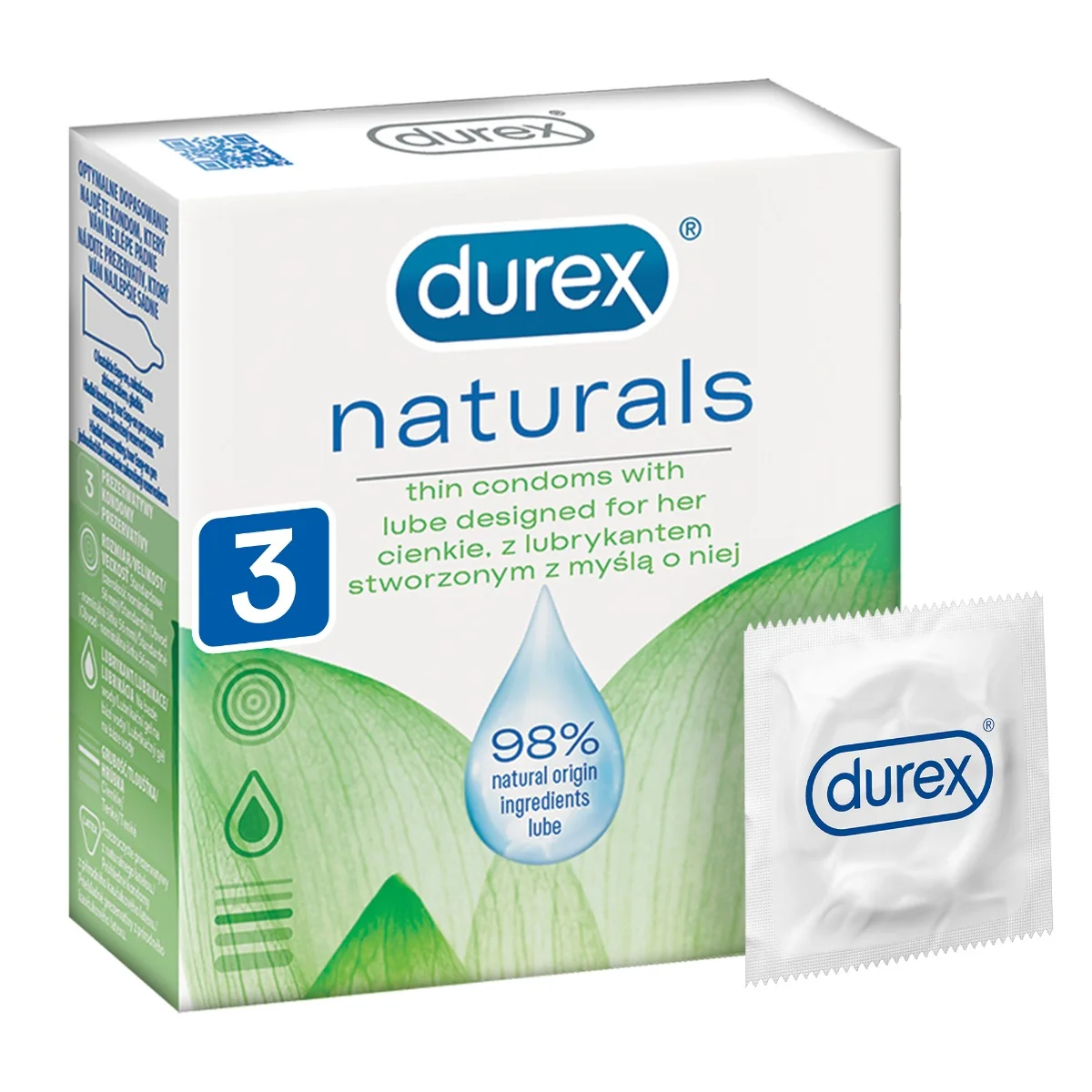 Durex Naturals prezerwatywy z lubrykantem, 3 szt.