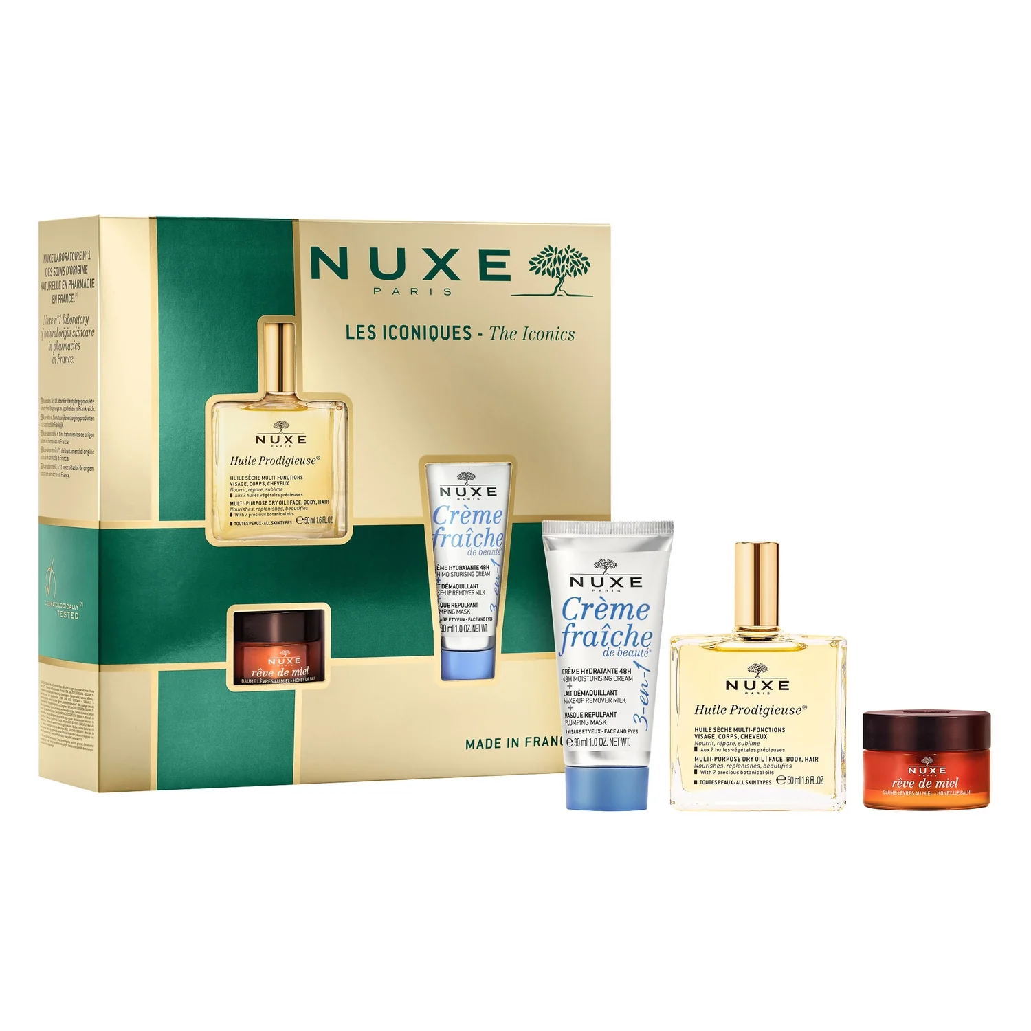 Nuxe The Iconics Huile Prodigieuse suchy olejek do pielęgnacji twarzy, ciała i włosów, 50 ml + Rêve de Miel odżywczy balsam do ust, 15 g + Crème fraîche de Beauté krem nawilżający 3 w 1, 30 ml