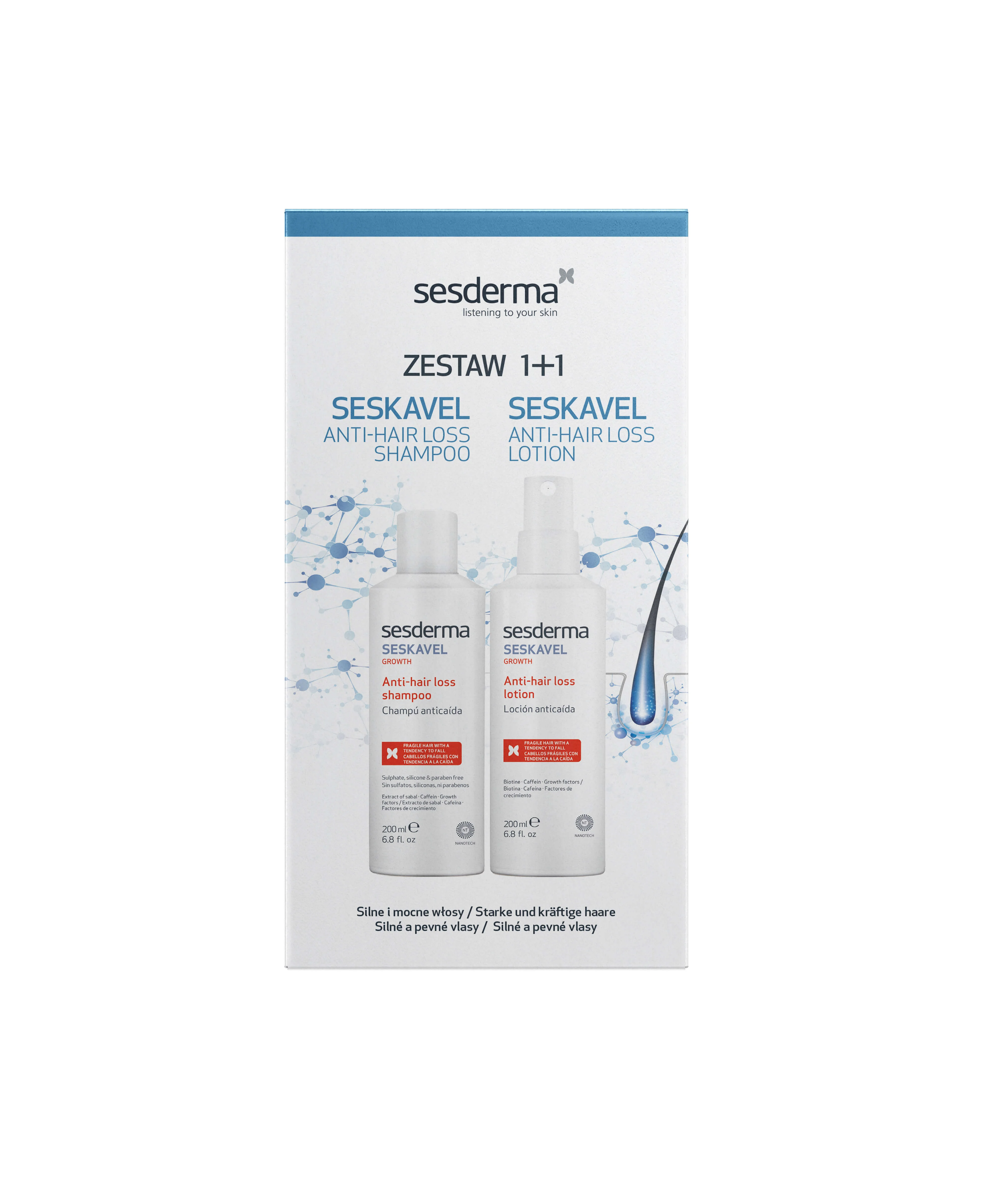 Sesderma Seskavel, zestaw przeciw wypadaniu włosów Szampon, 200ml + Anti-hair loss Lotion Emulsja, 200ml