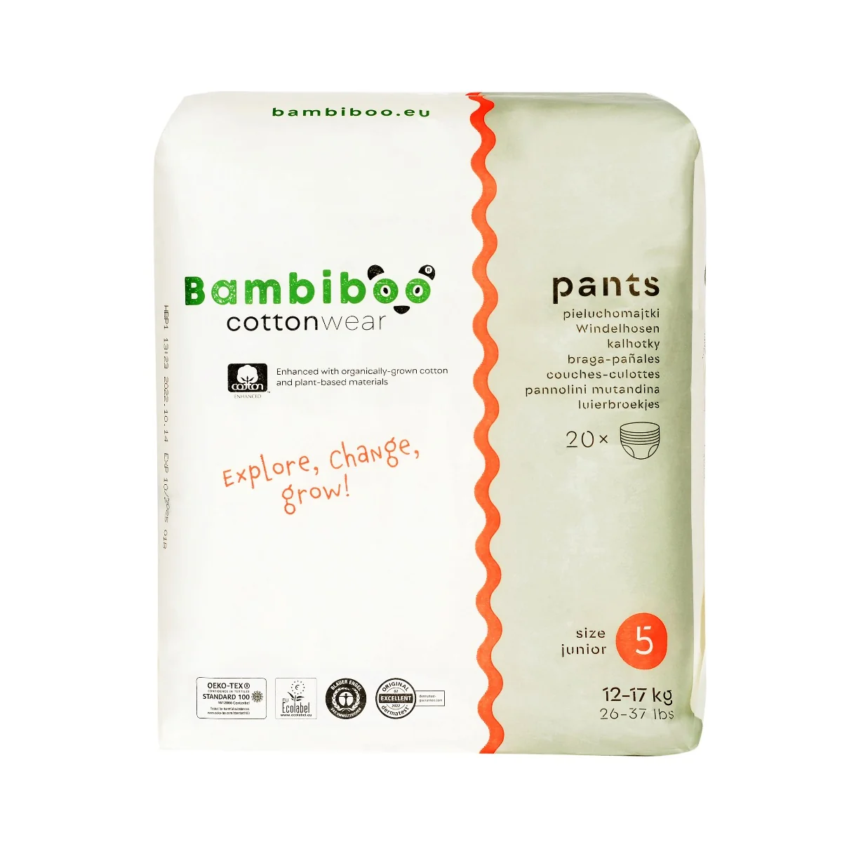 Bambiboo COTTONWEAR, jednorazowe pieluchomajtki z bawełną organiczną rozmiar 5, 20 szt.