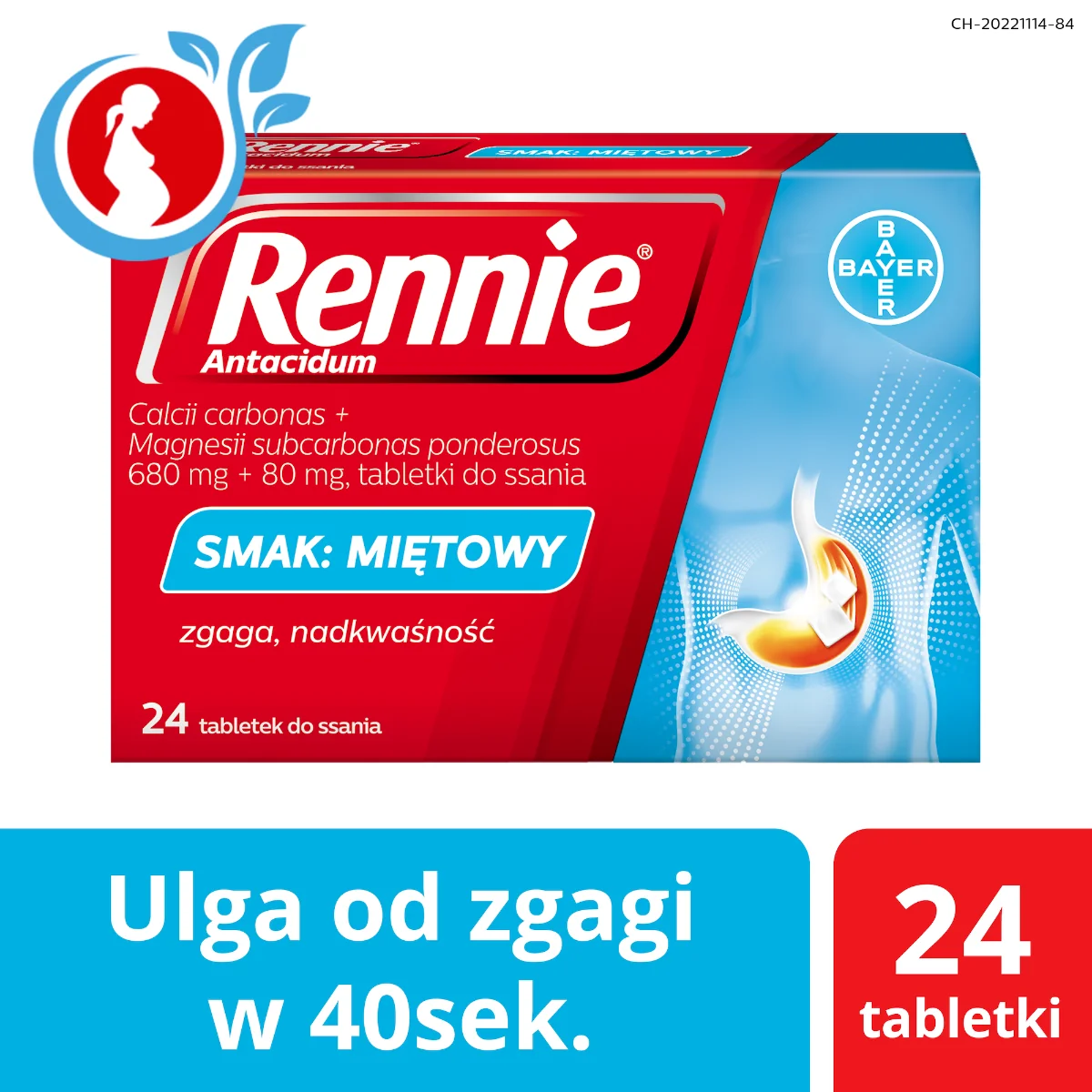 Rennie Antacidum, 680 mg + 80 mg, smak miętowy,  24 tabletki do ssania