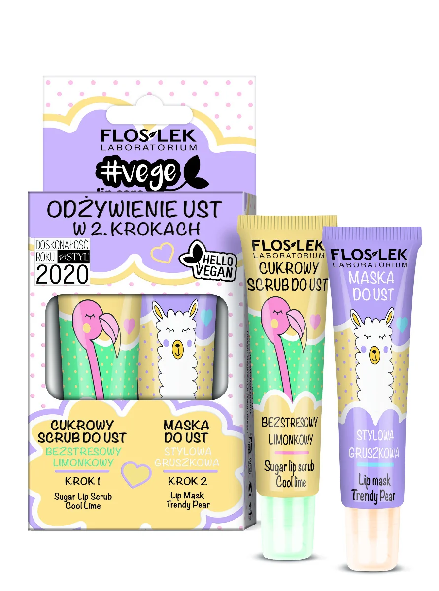 Floslek Vege Lip Care Zestaw Odżywienie Ust w 2 Krokach, cukrowy scrub bezstresowy limonkowy 14 g + maska do ust stylowa gruszkowa 14 g