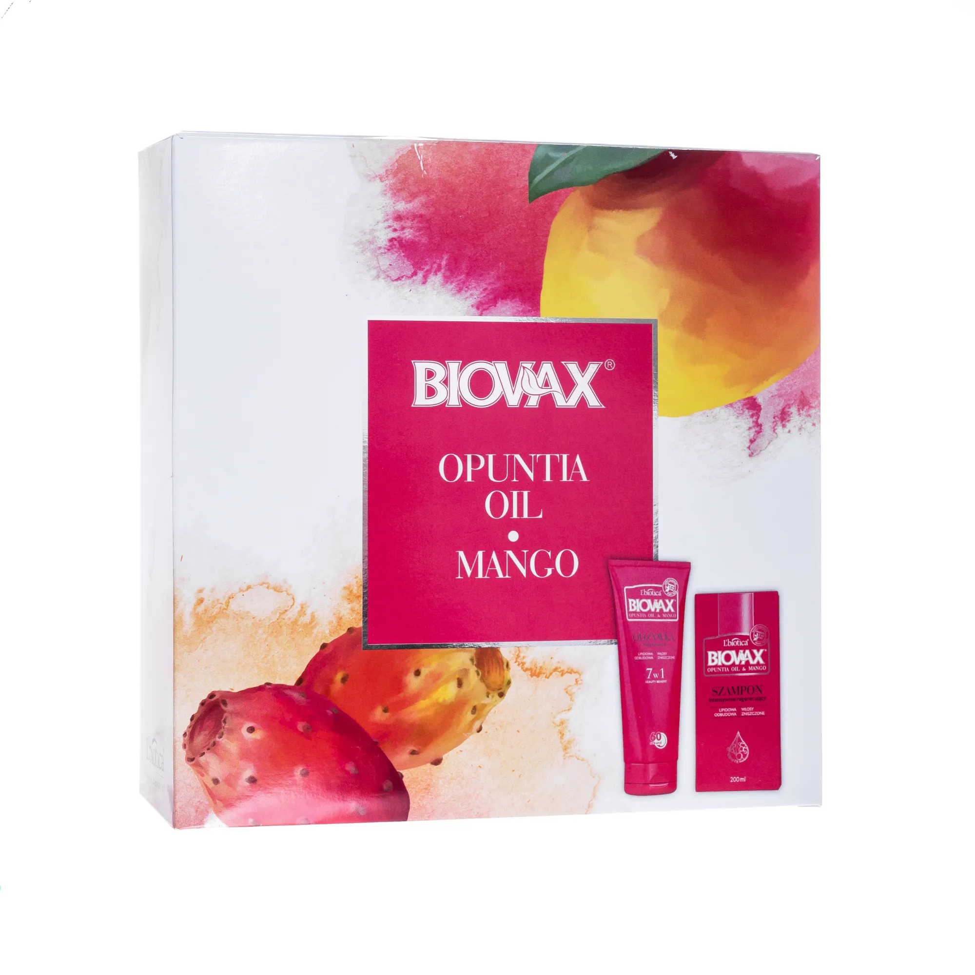 L'biotica Biovax zestaw Opuntia Oil&Mango, odżywka 7w1, 200 ml + szampon, 200 ml + maseczka, 20 ml 