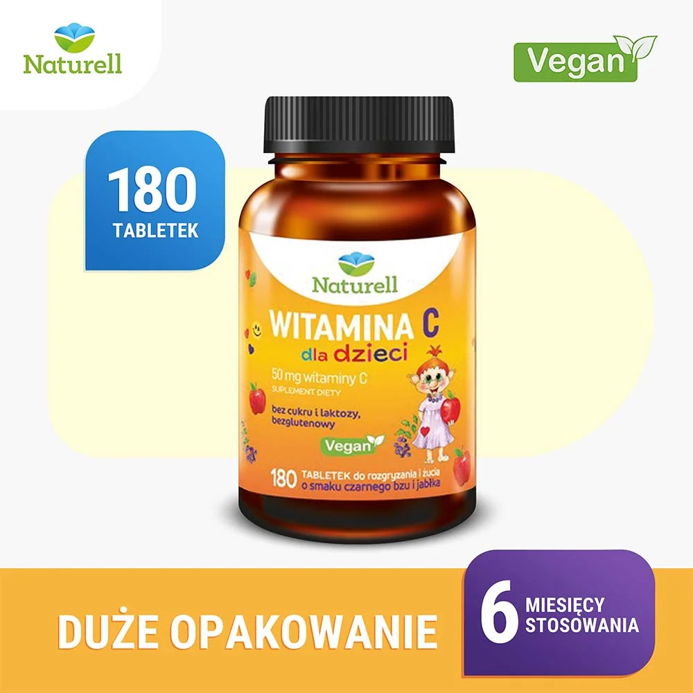 Naturell Witamina C dla dzieci, tabletki do rozgryzania i żucia, 180 sztuk