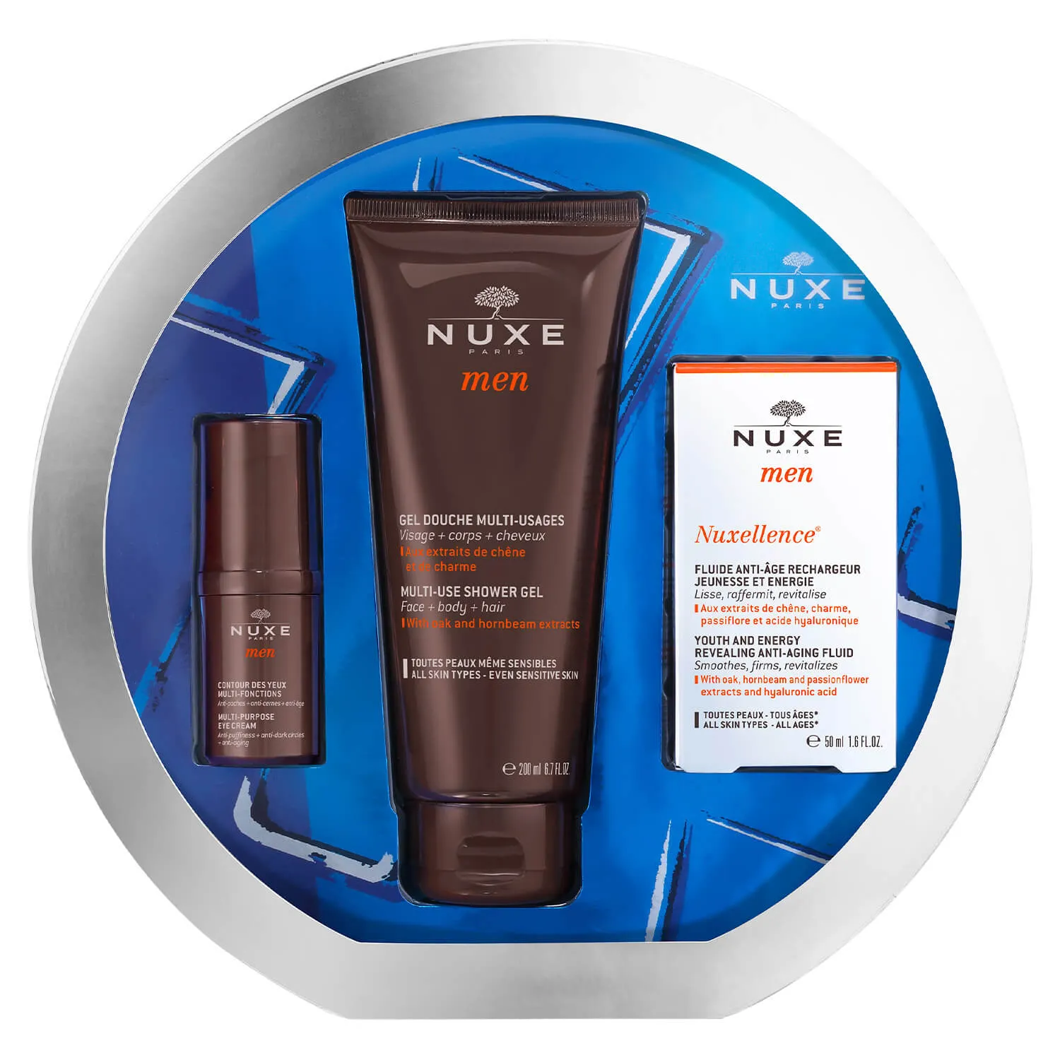 Nuxe zestaw Men Anti-Aging, preparat przeciwstarzeniowy, 50 ml + krem pod oczy, 15 ml + żel pod prysznic, 200 ml