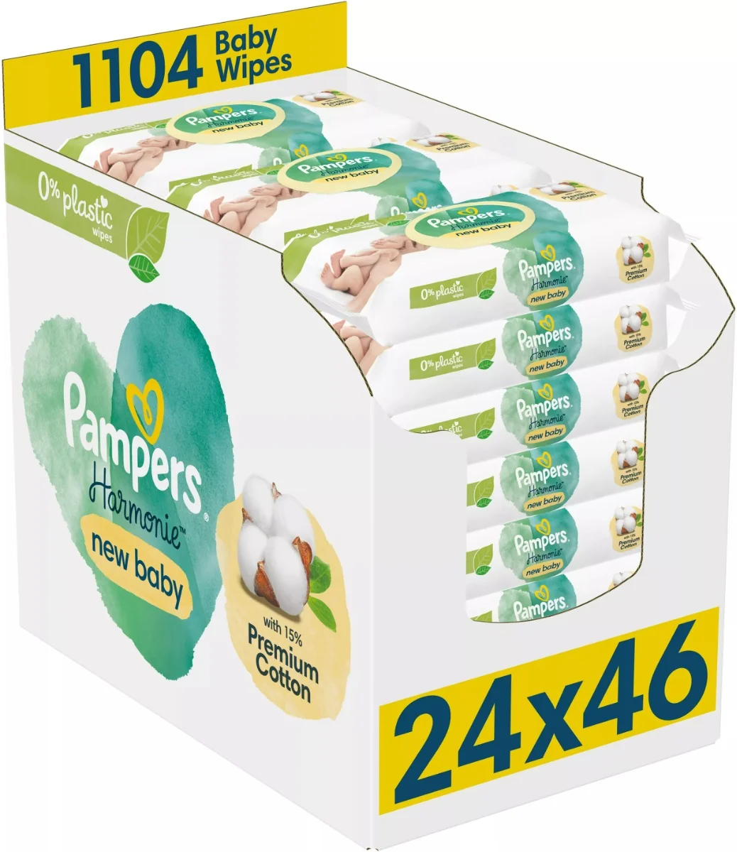 Pampers Harmonie New Baby, chusteczki nawilżane dla noworodków bez plastiku, 24x46 szt.