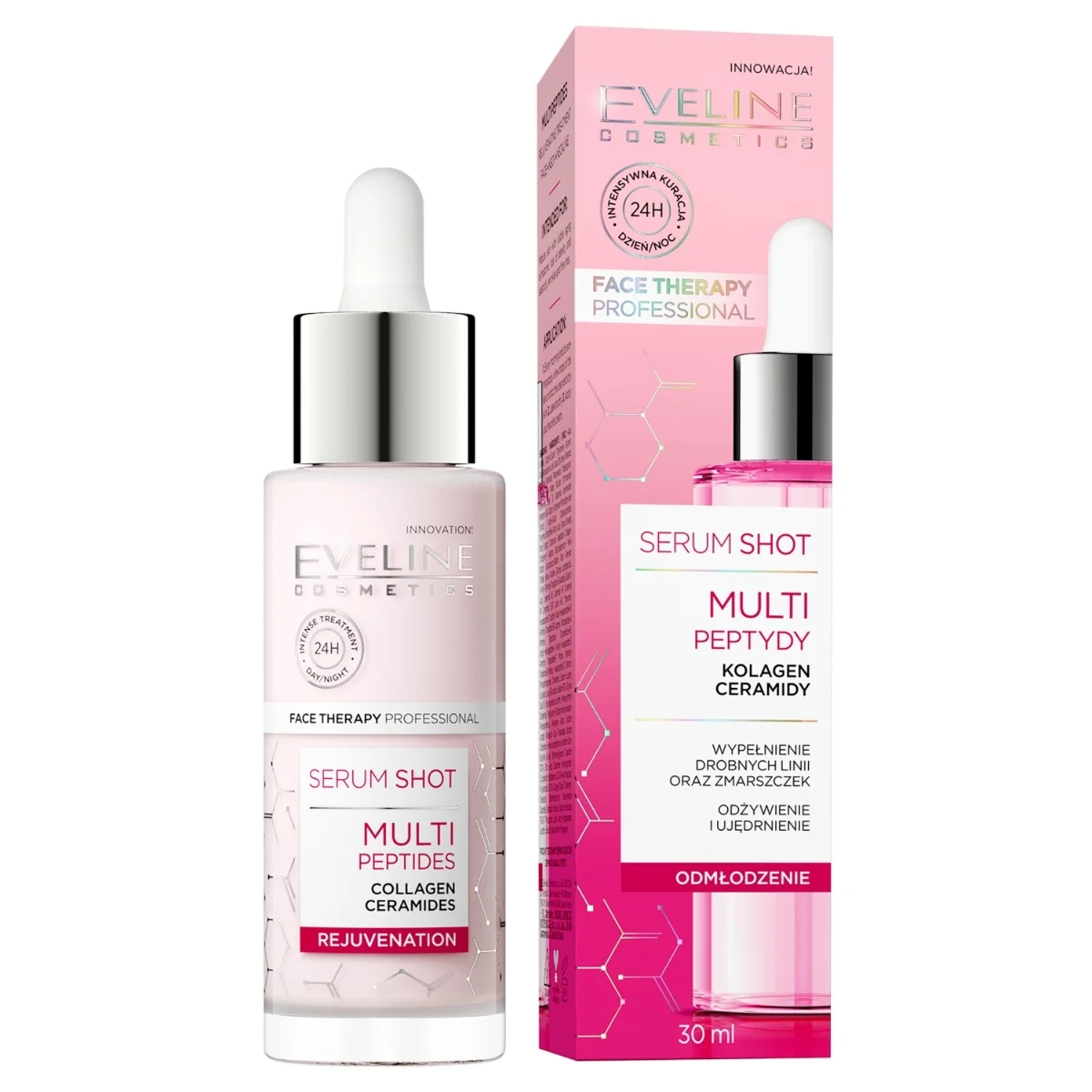 Eveline Cosmetics Serum Shot Odmłodzenie, kuracja multipeptydy na twarz, szyję i dekolt, 30 ml