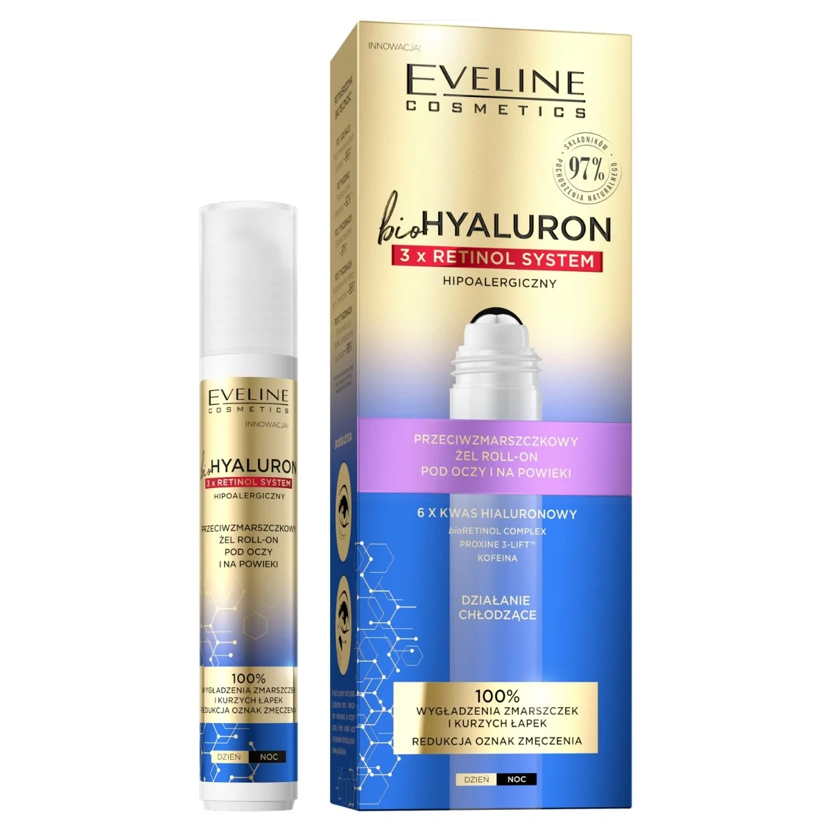 Eveline Cosmetics BioHyaluron 3 x Retinol System, przeciwzmarszczkowy żel roll-on pod oczy i na powieki, 15 ml