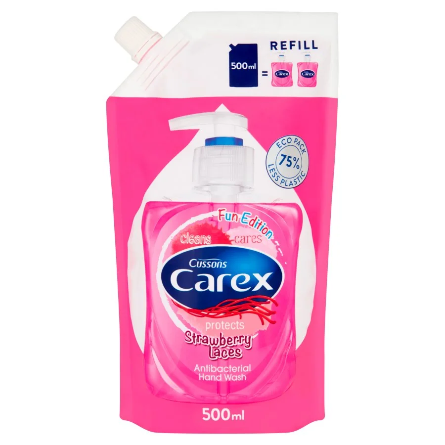 Carex Fun Edition Strawberry Laces, zapas mydła w płynie o zapachu żelek truskawkowych, 500 ml