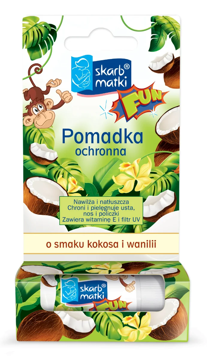 Skarb Matki Fun, pomadka ochronna dla dzieci o smaku kokosa i wanilii, 6,5 g