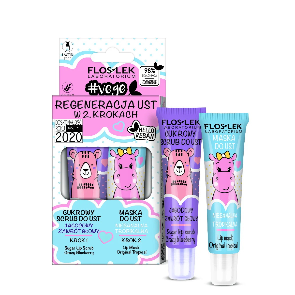 Floslek Vege Lip Care Regeneracja Ust w 2 Krokach, scrub jagodowy zawrót głowy, 14 g + maska do ust niebanalna tropikalna, 14 g