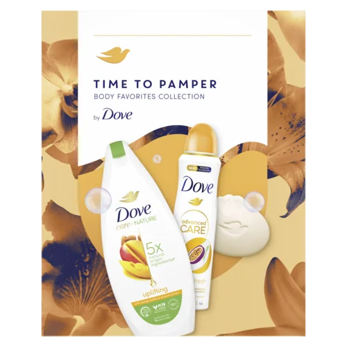 Dove Time to Pamper Body Favorites Collection, zestaw z żelem pod prysznic, dezodorantem i mydłem w kostce, 225 ml + 150 ml + 90 g