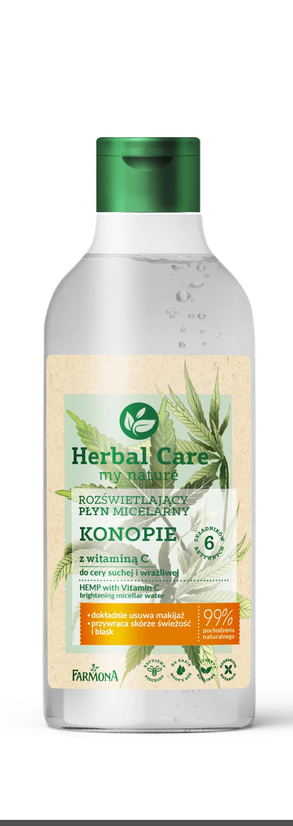 Herbal Care KONOPIE, rozświetlający płyn micelarny z witaminą C, 400 ml