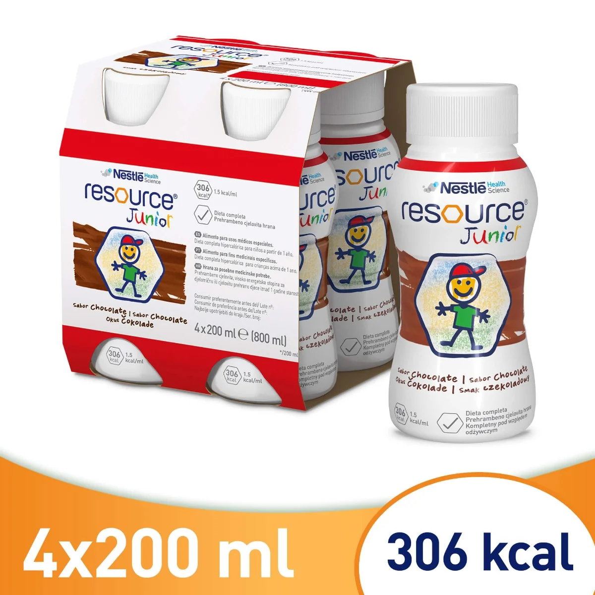 Resource Junior - odżywczy preparat w płynie dla dzieci po 1. roku życia, smak czekoladowy, 4x200 ml