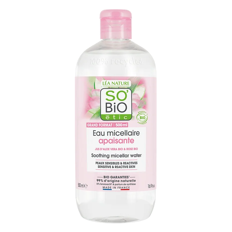 SO'BiO étic Hydra Aloe Vera, kojąca woda micelarna do demakijażu skóry wrażliwej z aloesem, 500 ml