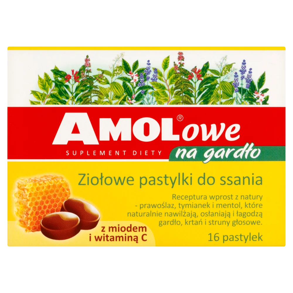 Amolowe na gardło, ziołowe pastylki do ssania z miodem i wit. C, 16 szt.