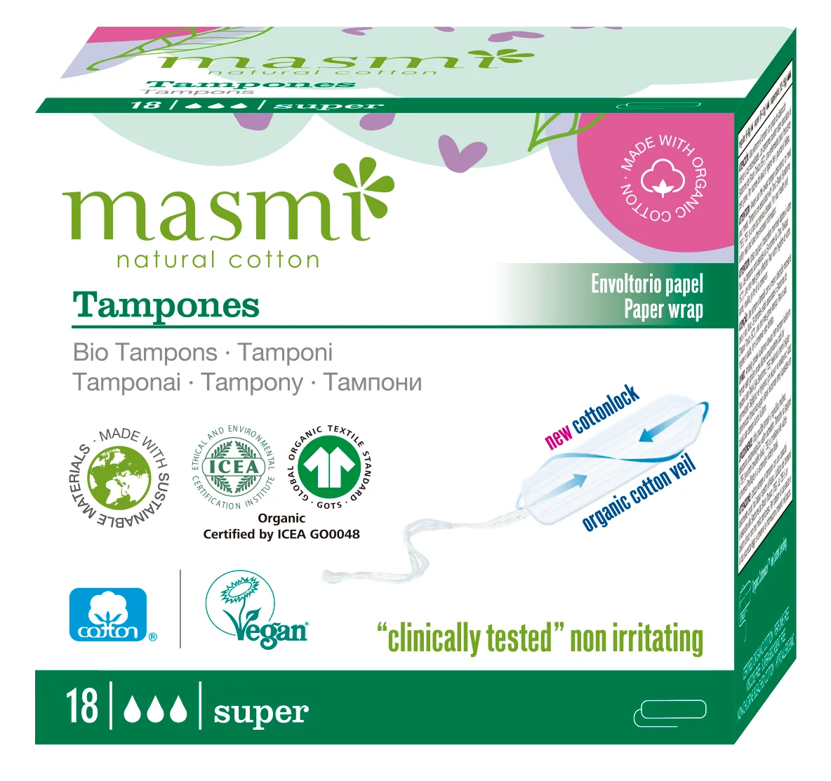 Masmi, tampony z bawełny organicznej bez aplikatora Super, 18 szt.