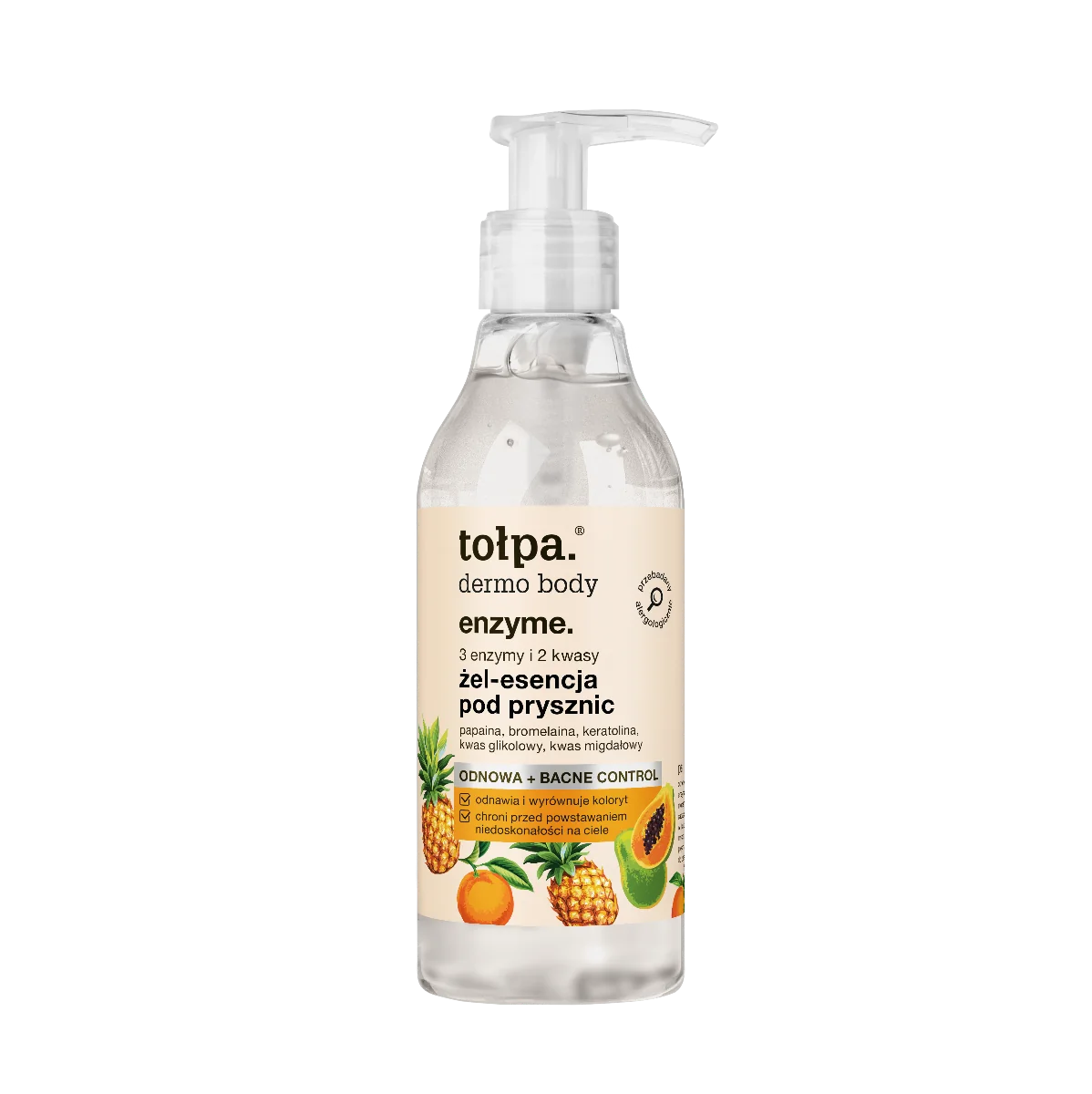 Tołpa Dermo Body Enzyme, 3 enzymy i 2 kwasy żel-esencja pod prysznic, 195 ml