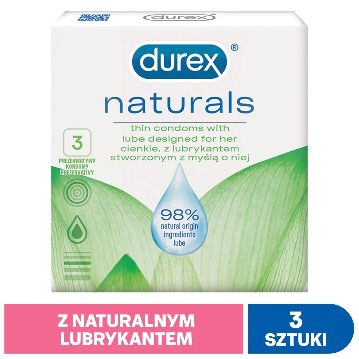 Durex Naturals, prezerwatywy z lubrykantem, 3 szt.